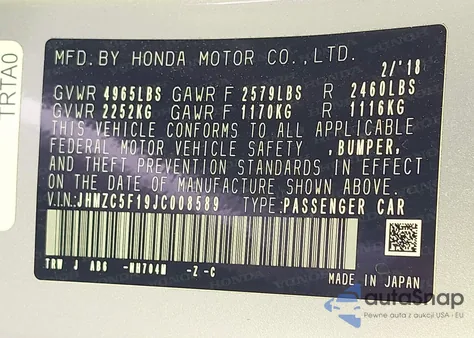 2018 Honda Clarity Plug-In Hybrid from USA, damaged, VIN JHMZC5F19JC008589